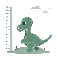 cute green dino measures height. Growth lines with funny animals, gradual child maturation, cute  dinosaur, vector poster