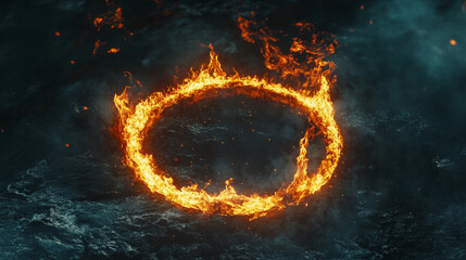 Abstract fire ring isolated on black background. Vector realistic illustration of circular sign with flame border, orange sparkles and neon smoke glowing in darkness, magic energy effect, hell symbol