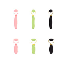 Guasha massage scraping. Roller for Face and Gua Sha Massage. Pink rose, green and black quartz stone roller and Scraping Plate Kit. Anti-Aging Beauty Skincare Tool. Vector illustration.