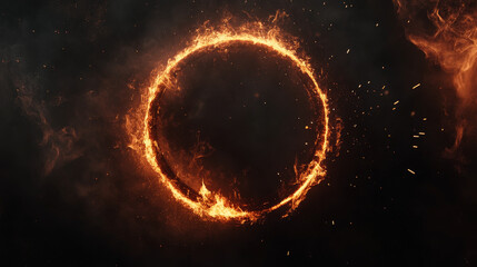 Abstract fire ring isolated on black background. Vector realistic illustration of circular sign with flame border, orange sparkles and neon smoke glowing in darkness, magic energy effect, hell symbol