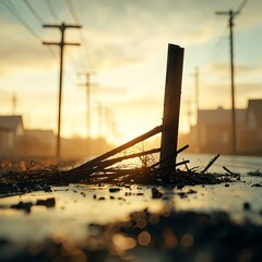 Desolate Street Scene with Power Poles at Sunset in the Landscape