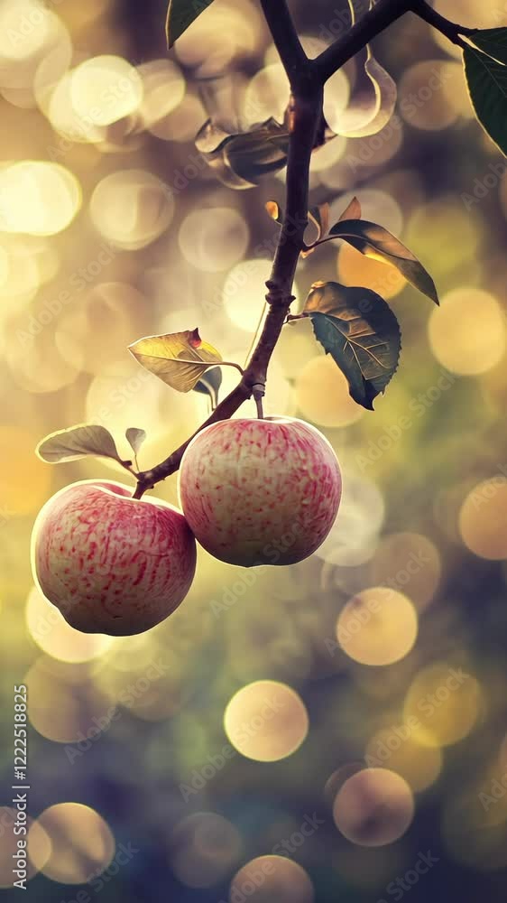 Poster apples hang from a branch under soft sunlight with a bokeh background enhancing their colors and tex