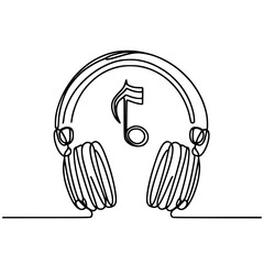Draw the continuous line of headphones with music notes