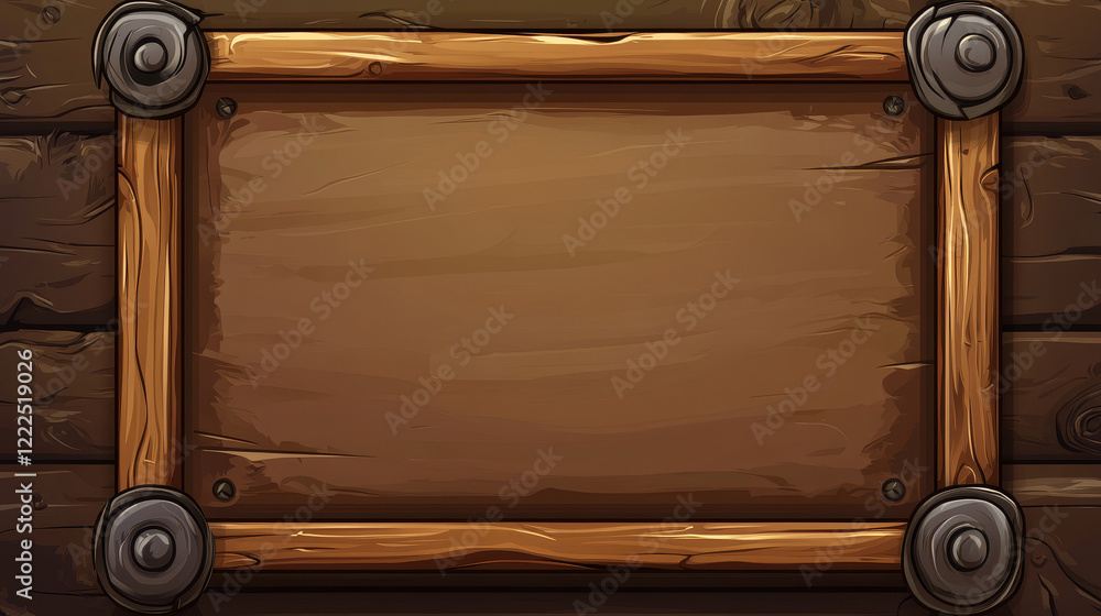 Poster Frame medieval game ui. Empty rectangle frame in old style, interface element. Metallic banner or decorative border. Vector cartoon of blank rectangle button
