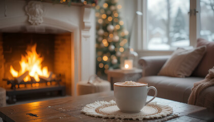 Cozy Christmas Morning: Hot Cocoa by the Fireplace with a View of the Snowy Outdoors