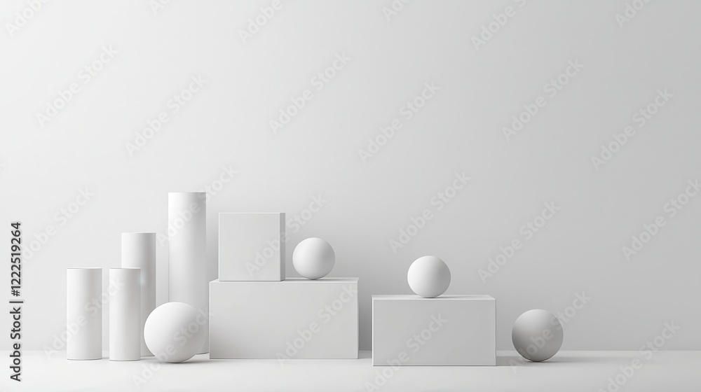 Poster Minimalist arrangement of white geometric shapes including spheres and cubes, creating modern and clean aesthetic. Ideal for design and architecture concepts