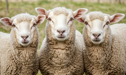 Fototapeta premium Three sheep stand together in a green pasture, looking directly at the camera
