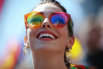 Smiling woman wearing colorful sunglasses at a vibrant outdoor celebration during the day