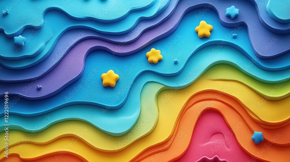Poster colorful abstract layers of textured foam with star shapes, creating a vibrant and playful backgroun