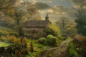 Charming stone cottage in a picturesque autumnal countryside setting, exuding tranquility and warmth