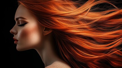 Fototapeta premium Portrait of a Beautiful Woman with Flowing Red Hair, Soft Lighting on Dark Background