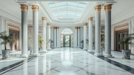 Fototapeta premium Luxurious interior hall with marble flooring, tall classical columns, and natural light streaming through skylights, creating an opulent atmosphere.