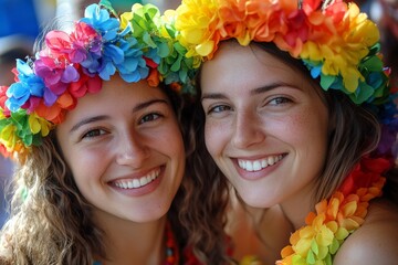 Friends celebrating at a vibrant festival wearing colorful floral crowns in a lively outdoor setting