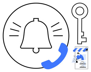 Notification bell with sound waves, key symbol, blue phone receiver, and smartphone screen displaying online shopping. Ideal for security, communication, notifications, alerts, e-commerce digital