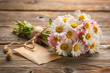 Fototapeta premium A Rustic Wooden Table Displays a Charming Bouquet of Daisies Tied with Twine and Accompanied by a Blank Tag