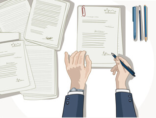 hands bussines man in suit lawer signing up contract list paper treaty document with stock of papers in background isolated on white background