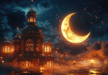 Obraz premium Glowing Building and Crescent Moon at Night, Pixel Art Style