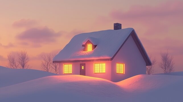 an illustration of a house covered in snow, with warm light glowing from the windows.