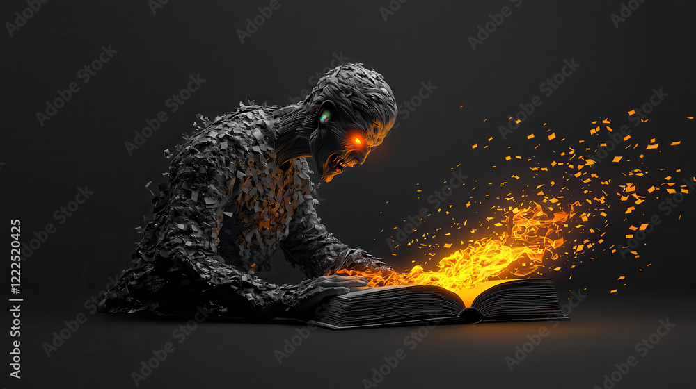 Aufkleber humanoid figure made of fragmented material is reading glowing book, with fiery sparks emanating fro