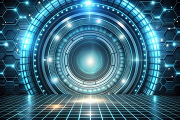 Futuristic Technological Interface Abstract Circular Design with Glowing Lights and Gridded Floor