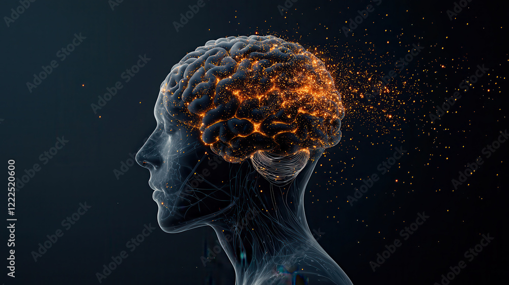 Poster digital artwork of transparent human brain with glowing particles, symbolizing creativity and though
