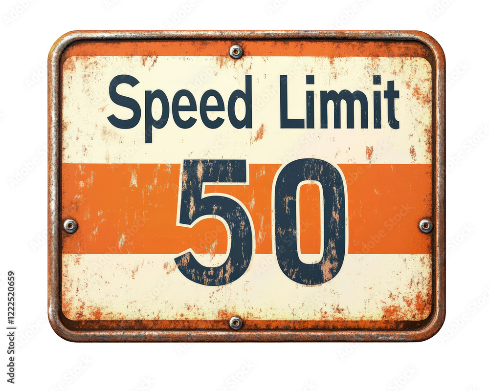 Poster speed limit sign with weathered design indicating limit of 50. sign features orange stripe and distr