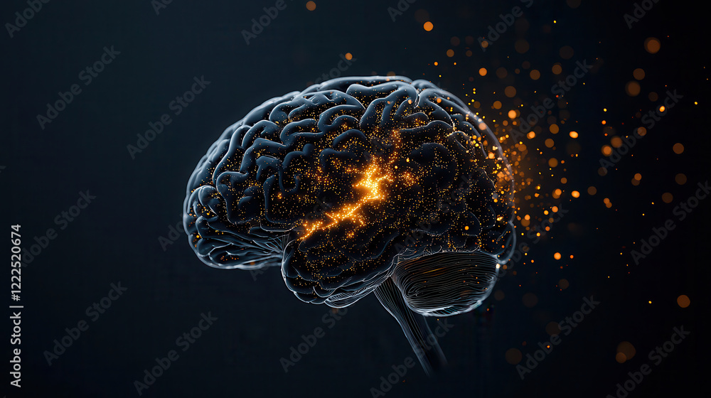 Poster digital artwork of transparent human brain with glowing particles, symbolizing creativity and though