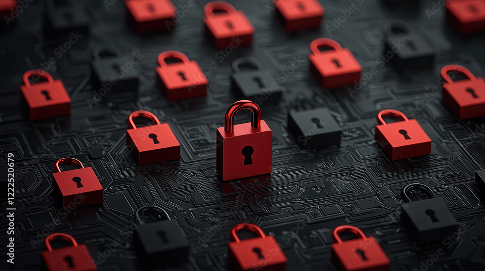 Poster digital illustration featuring red and black padlocks on circuit board background, symbolizing security and technology. contrast creates striking visual effect