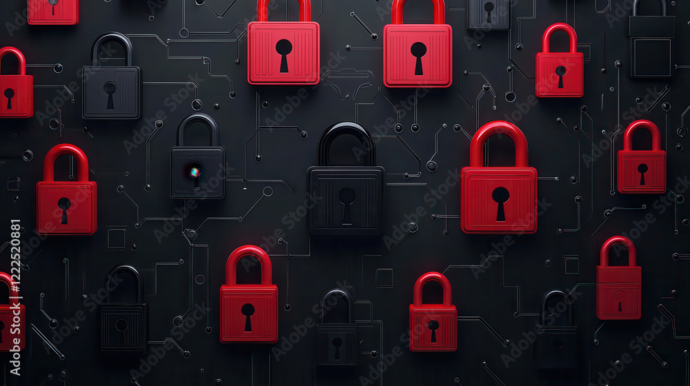 Poster Digital locks on dark background with circuit patterns, symbolizing security and technology. contrasting colors of red and black create striking visual impact