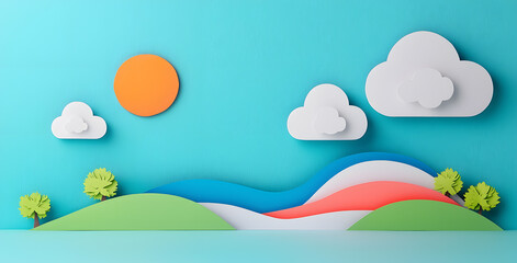 Fototapeta premium Landscape with mountains and sea waves in paper cut style