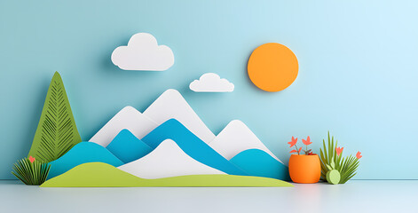 Landscape with mountains and sea waves in paper cut style