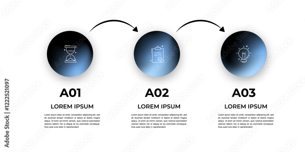 Poster modern business infographic with gradient circular icons – 3 steps workflow template with arrows