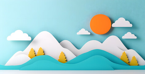 Landscape with mountains and sea waves in paper cut style