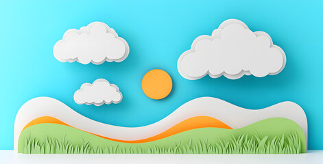 Obraz premium Landscape with mountains and sea waves in paper cut style