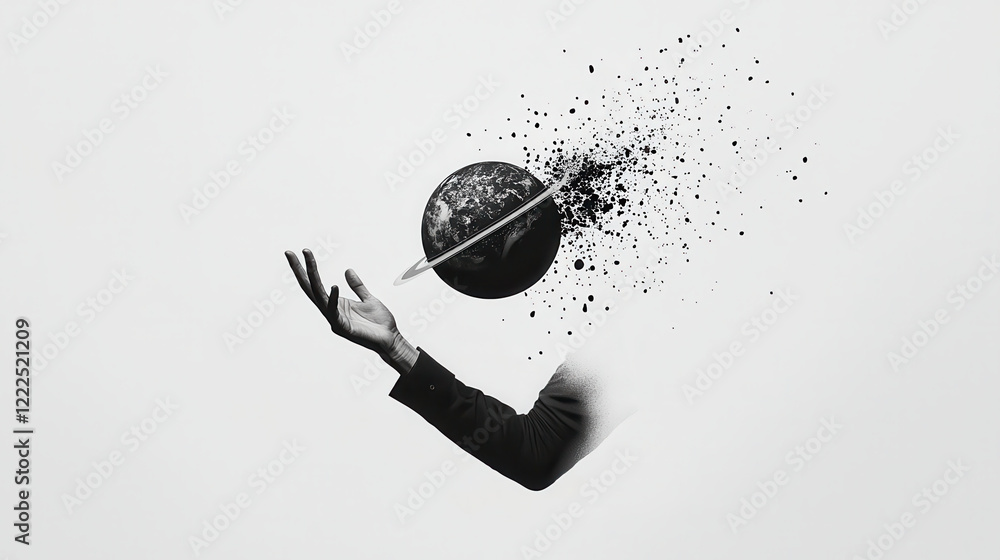 Poster surreal black and white image depicting hand releasing planet, symbolizing dissolution of reality. a