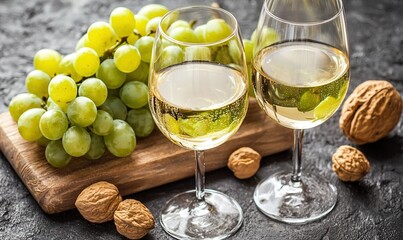 Two glasses of white wine, green grapes, walnuts on a wooden board, dark background