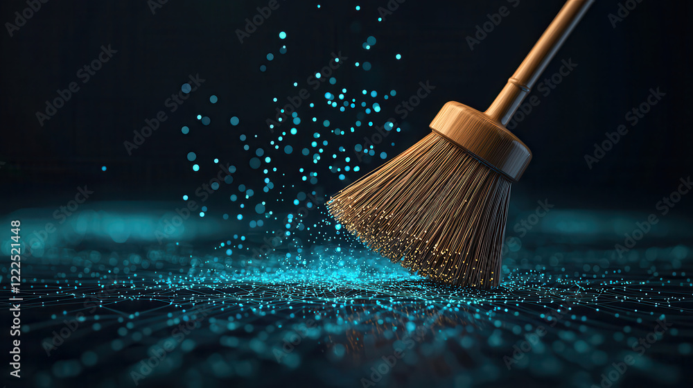 Aufkleber broom sweeping digital particles on glowing surface, creating mesmerizing effect. scene combines elements of cleanliness and technology, evoking sense of innovation and order