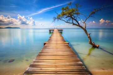 Obraz premium Serene Coastal Vista Wooden Pier Extending into Calm Turquoise Waters Under a Sky Adorned with Puffy Clouds, a Solitary Tree Gracefully Dipping into the Shallow Ocean