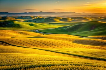 Obraz premium Idaho's golden hour bathes mustard fields in minimalist beauty.