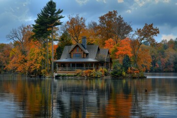 Fototapeta premium Beautiful wooden cabin reflecting on calm lake surrounded by colorful fall foliage