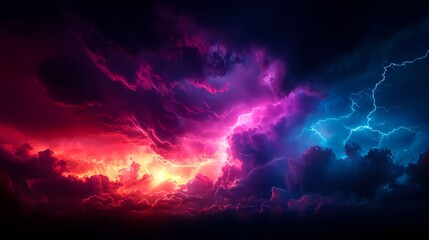 Dramatic Thunderstorm Clouds with Vibrant Colorful Lightning Strikes