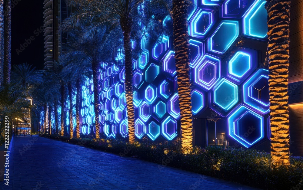 Poster modern illuminated facade with hexagonal neon design and palm trees at night.