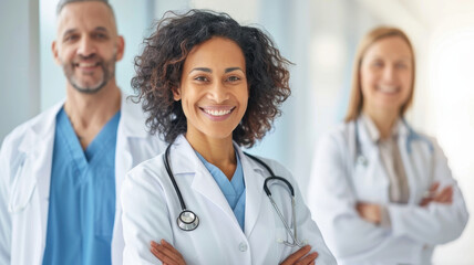 Fototapeta premium confident female doctor smiling warmly, standing with her arms crossed, accompanied by two other medical professionals in bright hospital corridor