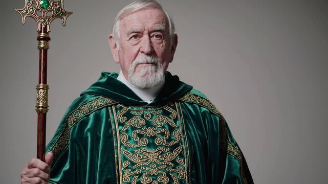 Portrait of a Dignified Priest: A senior priest, distinguished by his snow-white beard and contemplative gaze, stands confidently, holding a richly ornate crozier. St. Patrick