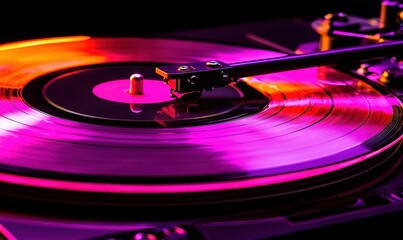Vinyl record spinning on turntable with pink and orange lighting, close-up for music concept