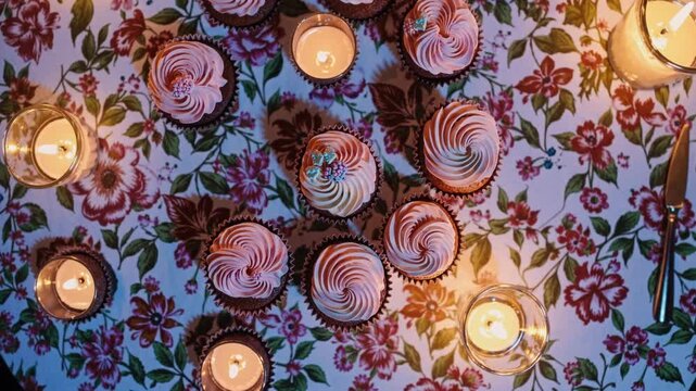 Romantic Cupcakes and Candles: A delightful overhead shot captures an array of pink cupcakes adorned with swirls of frosting, surrounded by flickering candlelight on a floral tablecloth.