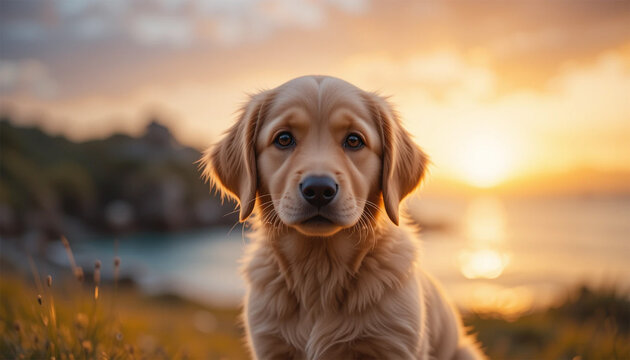 golden retriever in the sunset, Portrait of Golden Retriever lying in meadow at sunset. Golden retriever enjoying a spectacular sunset over a green lawn.
