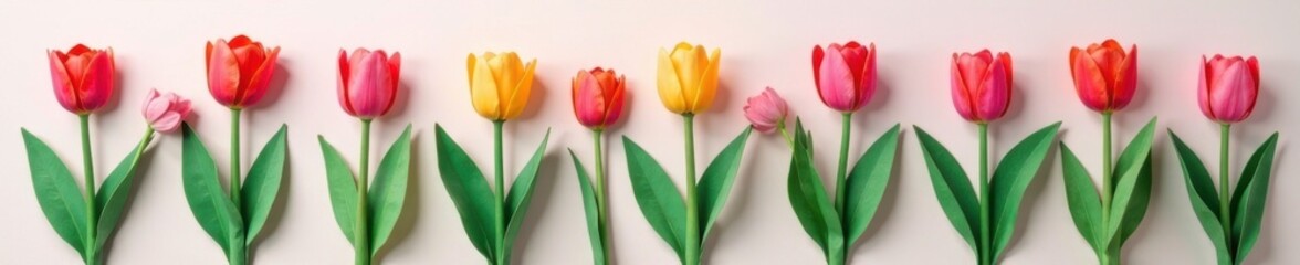 Naklejka premium Potted tulips with delicate paper cut leaves and stems, floral arrangement, container gardening