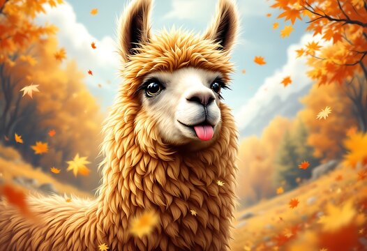 Adorable Alpaca in Autumn Landscape Digital Art