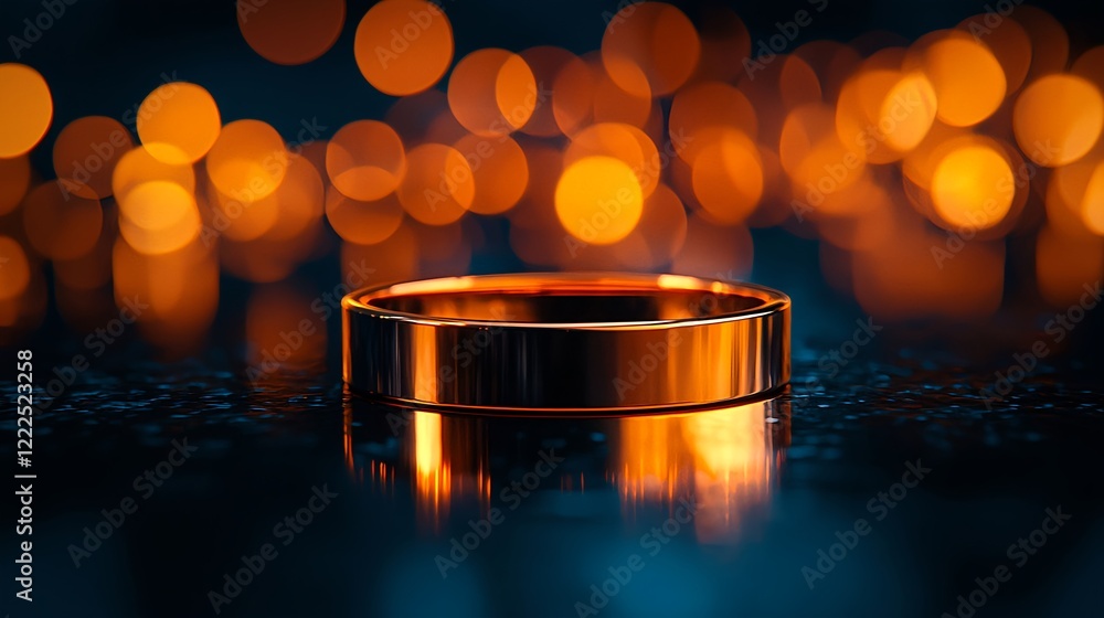Poster elegant gold ring on reflective surface with soft bokeh background